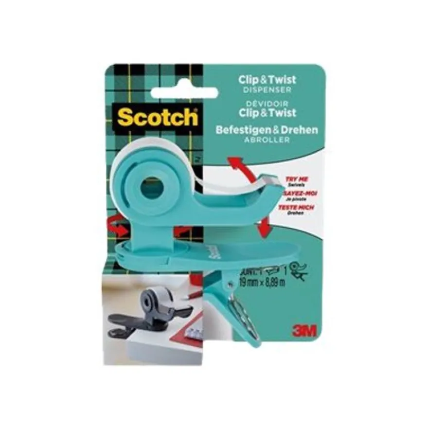Scotch Clip & Twist - Dévidoir turquoise avec ruban adhésif Scotch Magic 19 mm x 8,89 m