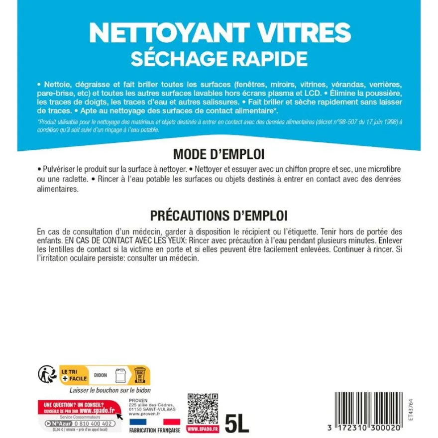 SPADO PRO - Produit de nettoyage vitres - bouteille 5 L