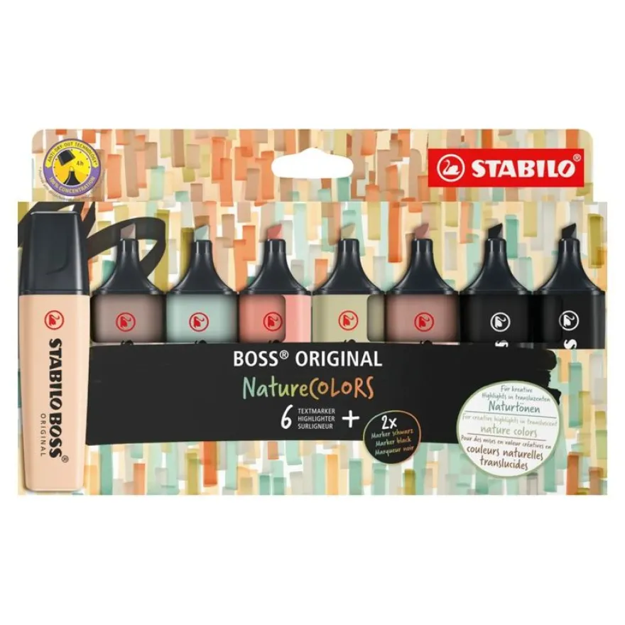 STABILO BOSS ORIGINAL NatureCOLORS - 8 Surligneurs - gris chaud, terre d'ombre, beige, vert boueux, vert terre, noir