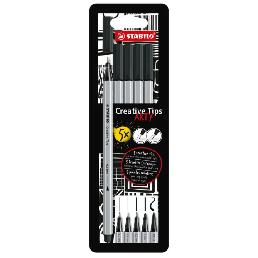 STABILO Creative tips ARTY - 5 Feutres de coloriage de pointes différentes - noir