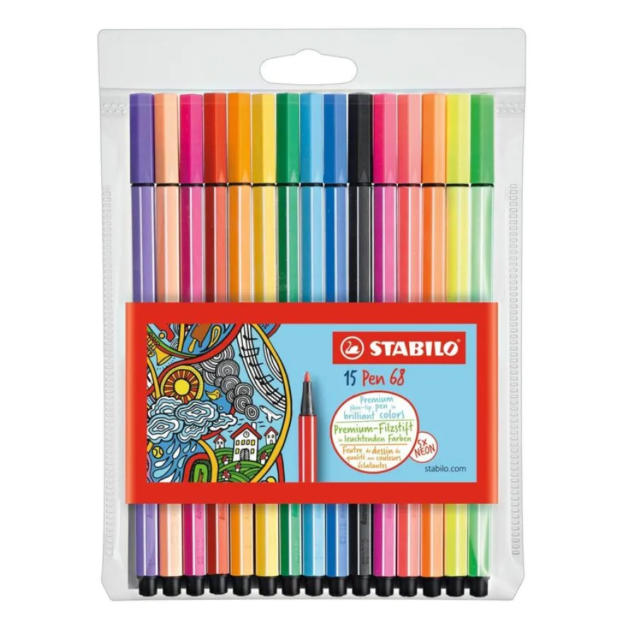 Stabilo Pen 68 - 15 Feutres - couleurs assorties dont 6 fluos