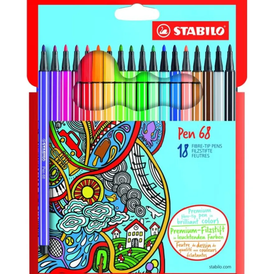 STABILO Pen 68 - 18 Feutres pointe moyenne - couleurs assorties