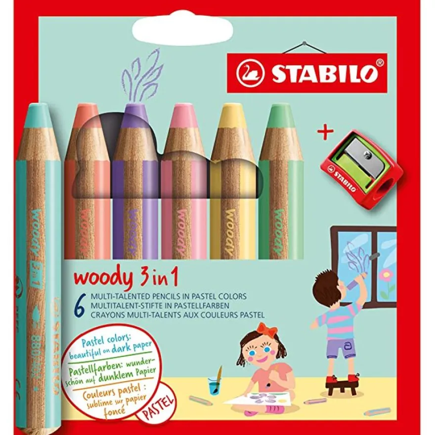 Stabilo woody 3 in 1 - 6 Crayons de couleur + taille-crayon - 10 mm - couleurs pastels assorties