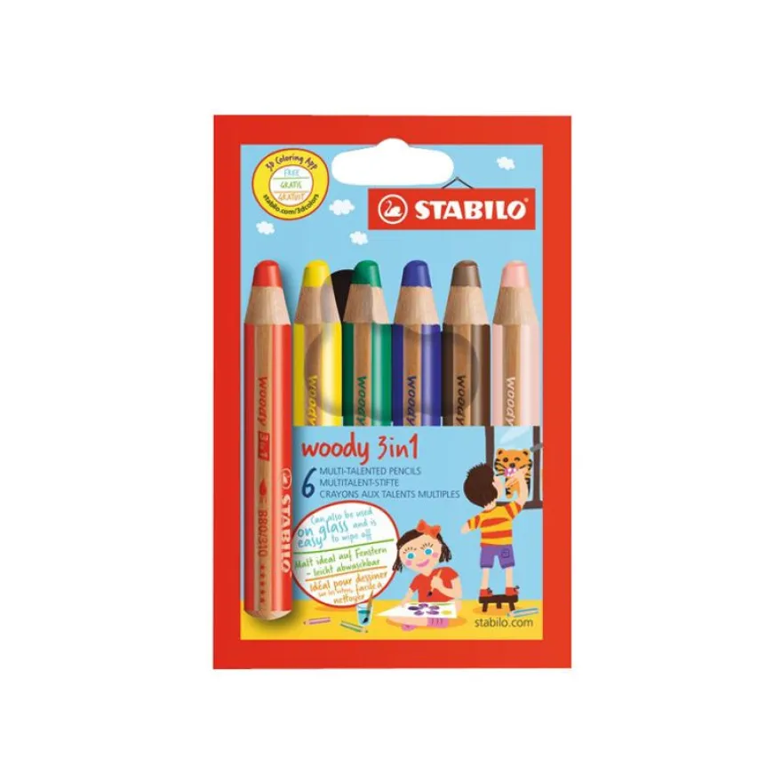 Stabilo woody 3 in 1 - 6 Crayons de couleur - 10 mm - couleurs assorties