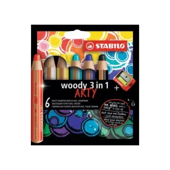 STABILO woody 3 in 1 ARTY - 6 Crayons de couleur - noir, jaune, turquoise, bleu d'outremer, blanc, rouge