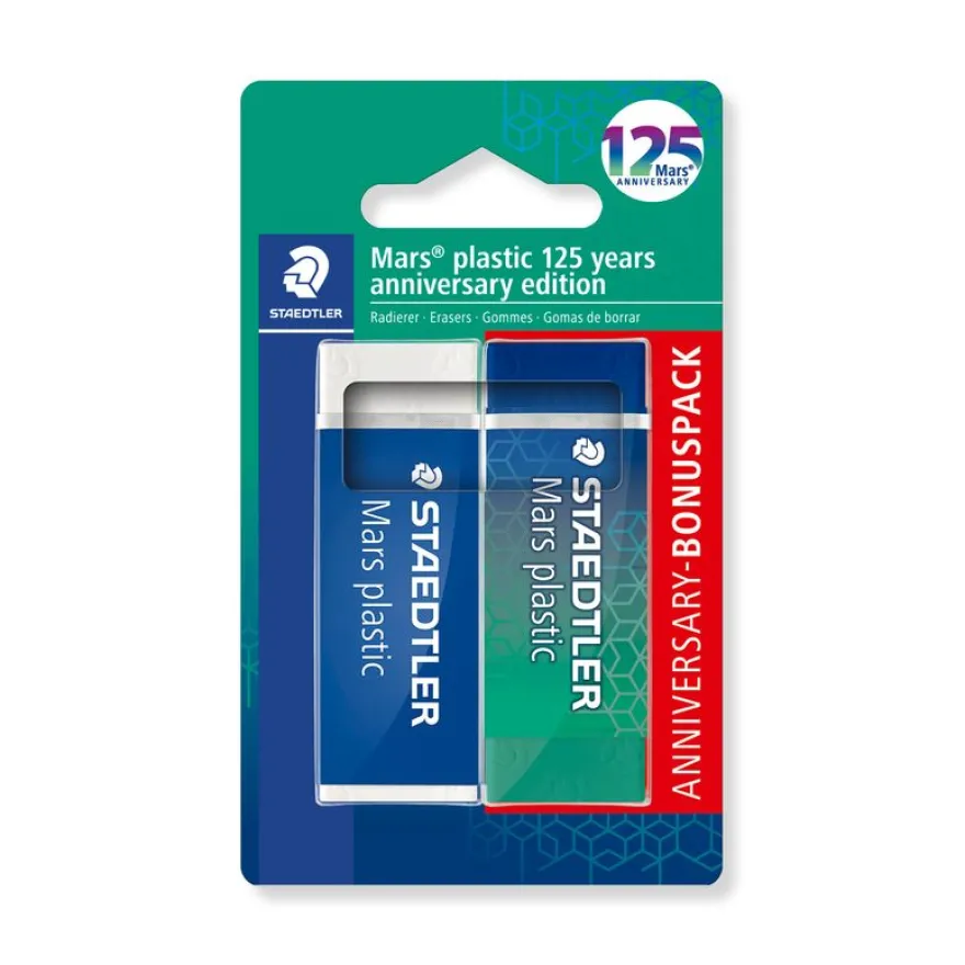STAEDTLER Mars® plastic 526 50 - Blister 2 gommes blanche et couleur bleu/vert sans latex 65 x 23 x 13 mm - Edition Anniversaire