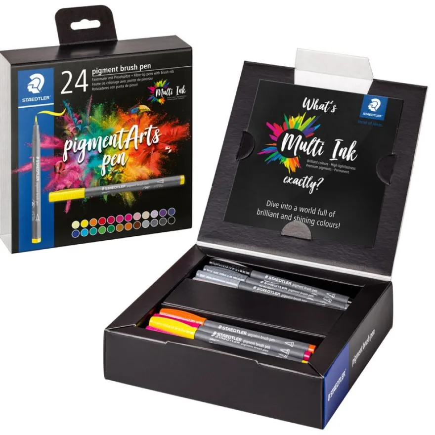 STAEDTLER Pigment brush 371 - 24 feutres pointe pinceau - couleurs assorties - encre Multi Ink intense