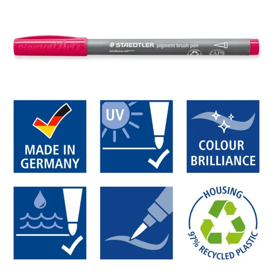 STAEDTLER Pigment brush 371 - 12 Feutres pointe pinceau - couleurs basiques assorties - encre Multi Ink intense
