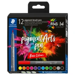 STAEDTLER Pigment brush 371 - 12 Feutres pointe pinceau - couleurs basiques assorties - encre Multi Ink intense