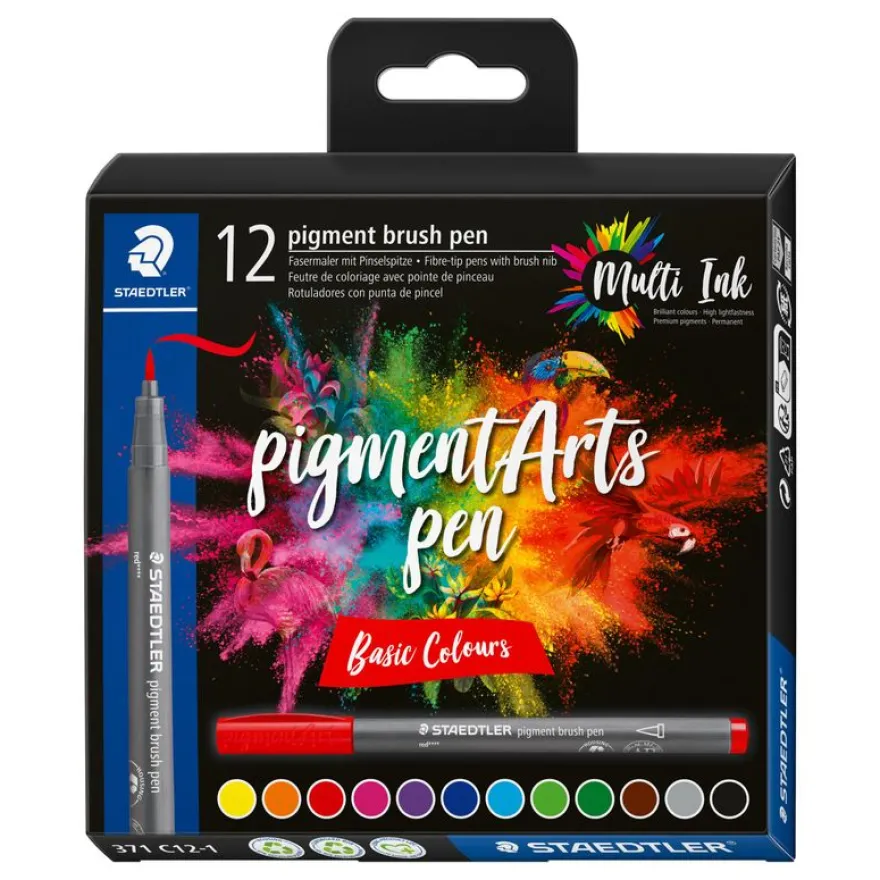 STAEDTLER Pigment brush 371 - 12 Feutres pointe pinceau - couleurs basiques assorties - encre Multi Ink intense