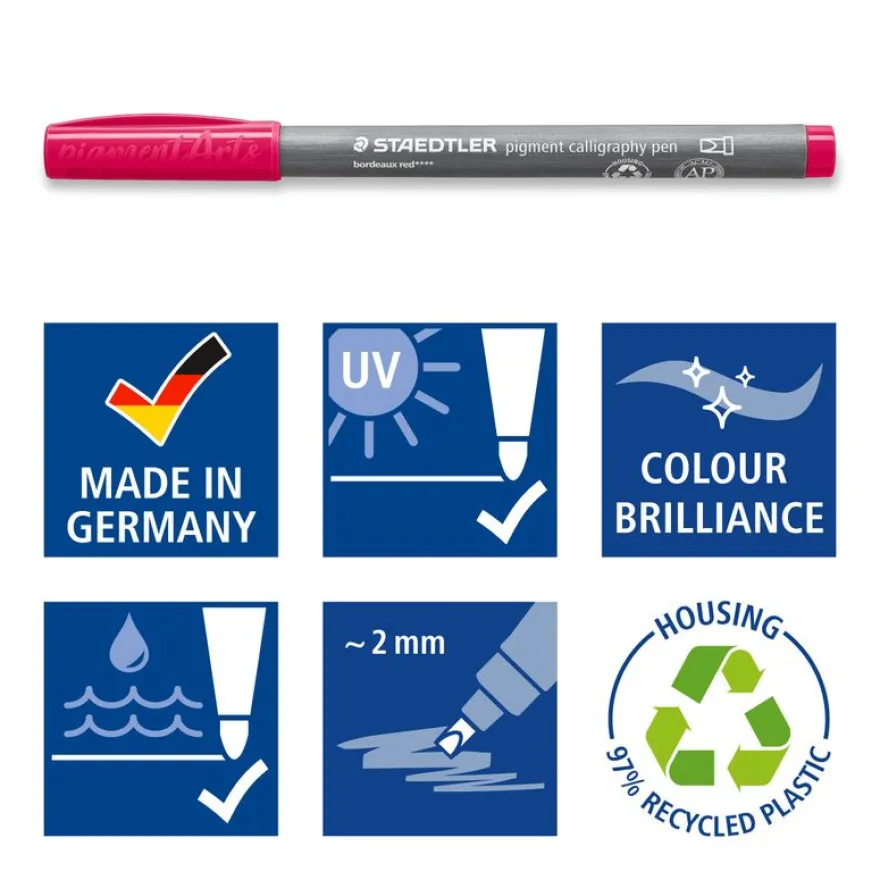 STAEDTLER Pigment calligraphy 375 - 12 feutres pointe calligraphie 2 mm - couleurs assorties - encre Multi Ink intense