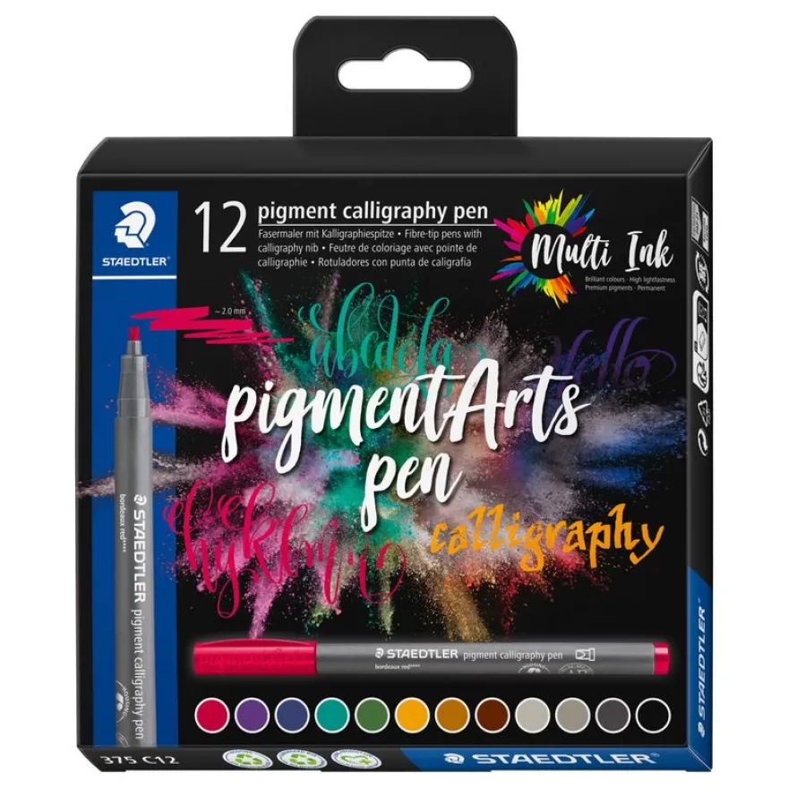 STAEDTLER Pigment calligraphy 375 - 12 feutres pointe calligraphie 2 mm - couleurs assorties - encre Multi Ink intense