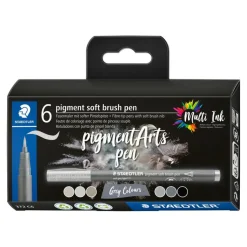 STAEDTLER Pigment soft brush 372 - 6 feutres pointe pinceau souple - gris & noir assortis