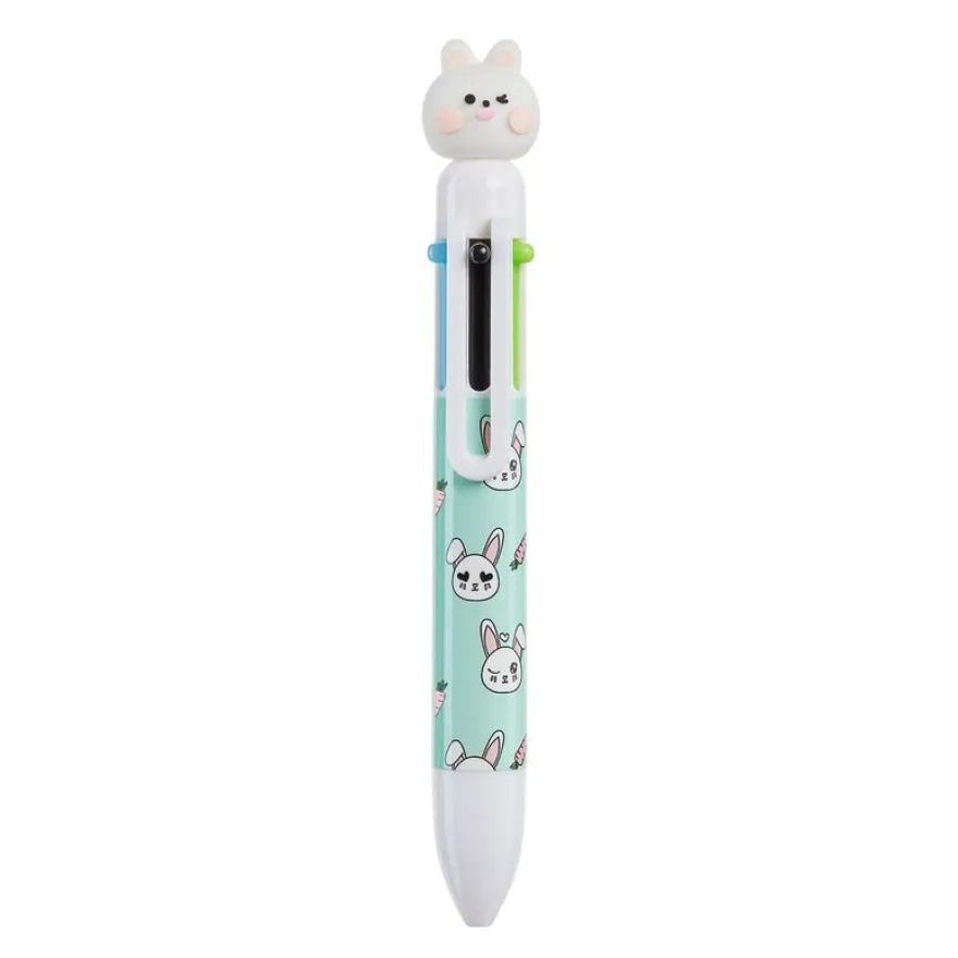 Stylo 6 couleurs vert avec tête de lapin 3D - motifs lapins et carottes - changement en un clic