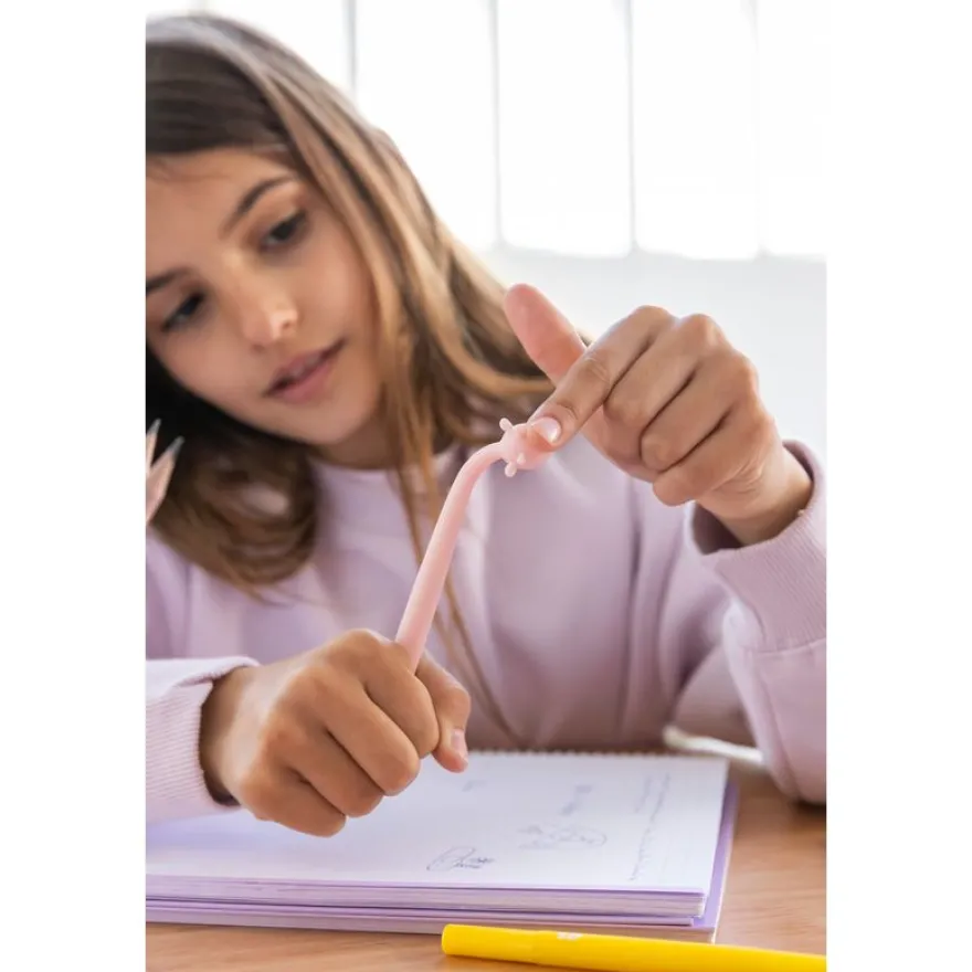 Stylo rose corps rond avec tête de girafe 3D - encre bleue - léger et au design mignon