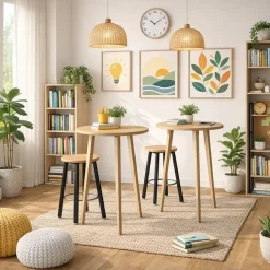 Table ronde - H105 cm - 80 cm - 3 pieds bois - plateau imitation chêne