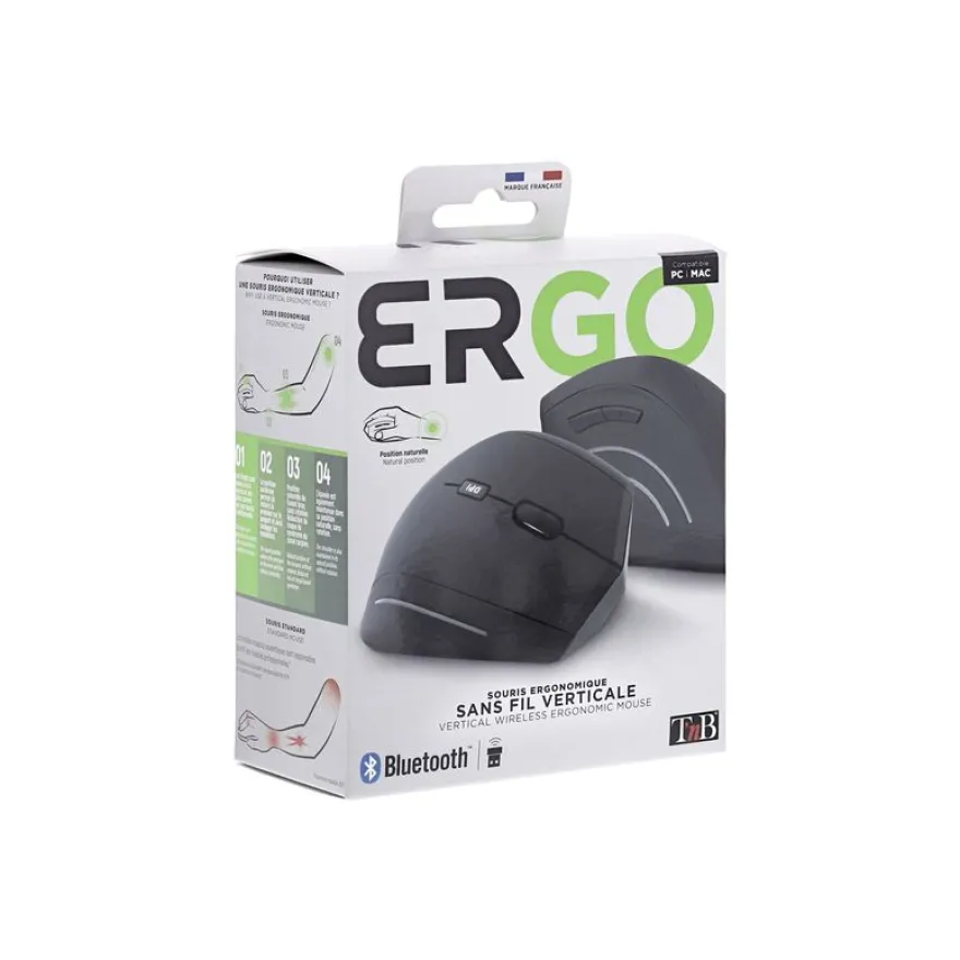 T'nB Ergo - Souris sans fil ergonomique verticale - pour droitiers - optique - 6 boutons - noir