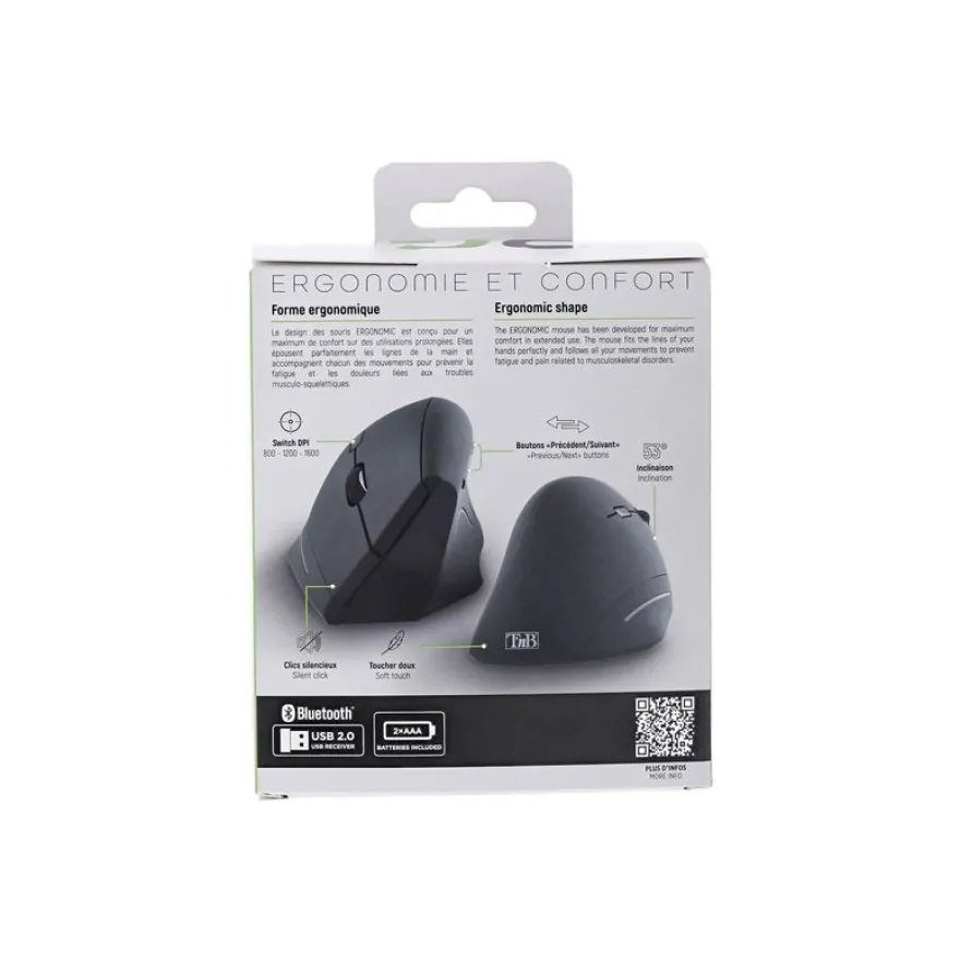 T'nB Ergo - Souris sans fil ergonomique verticale - pour droitiers - optique - 6 boutons - noir