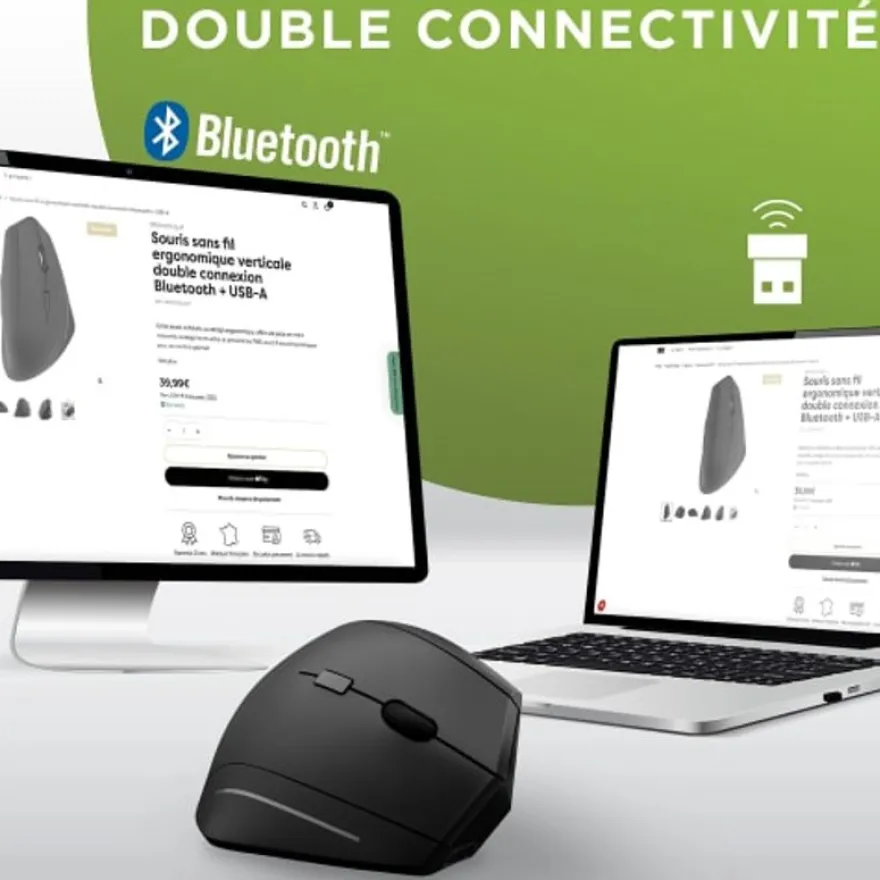 T'nB Ergo - Souris sans fil ergonomique verticale - rechargeable - double connexion Bluetooth + USB-A