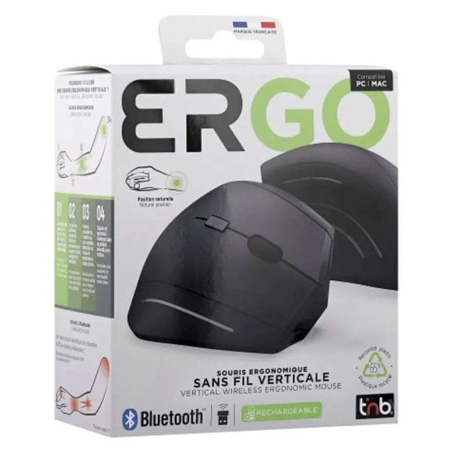 T'nB Ergo - Souris sans fil ergonomique verticale - rechargeable - double connexion Bluetooth + USB-A