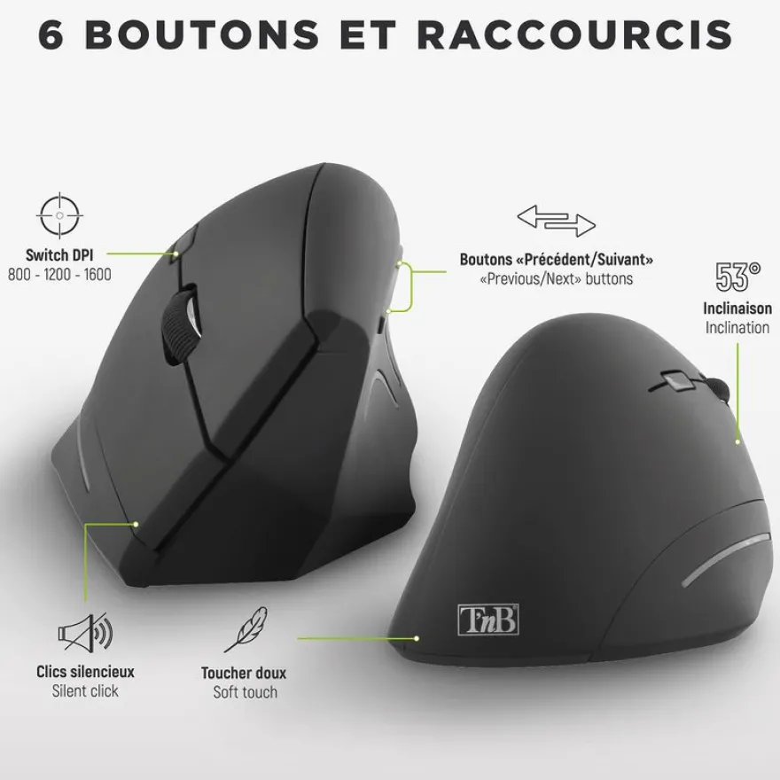 T'nB Ergo - Souris sans fil ergonomique pour droitier - noir