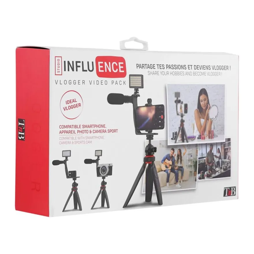 T'nB Influence - Pack Vlogger vidéo avec mini-trépied, support smartphone, micro, projecteur LED et télécommande Bluetooth