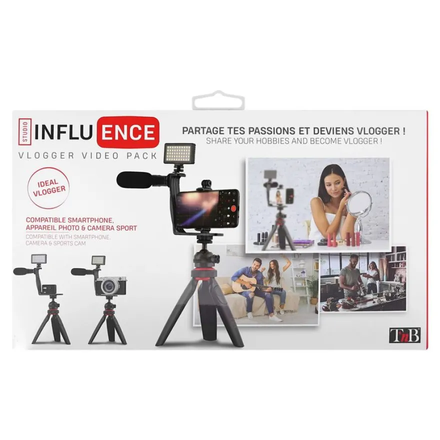 T'nB Influence - Pack Vlogger vidéo avec mini-trépied, support smartphone, micro, projecteur LED et télécommande Bluetooth