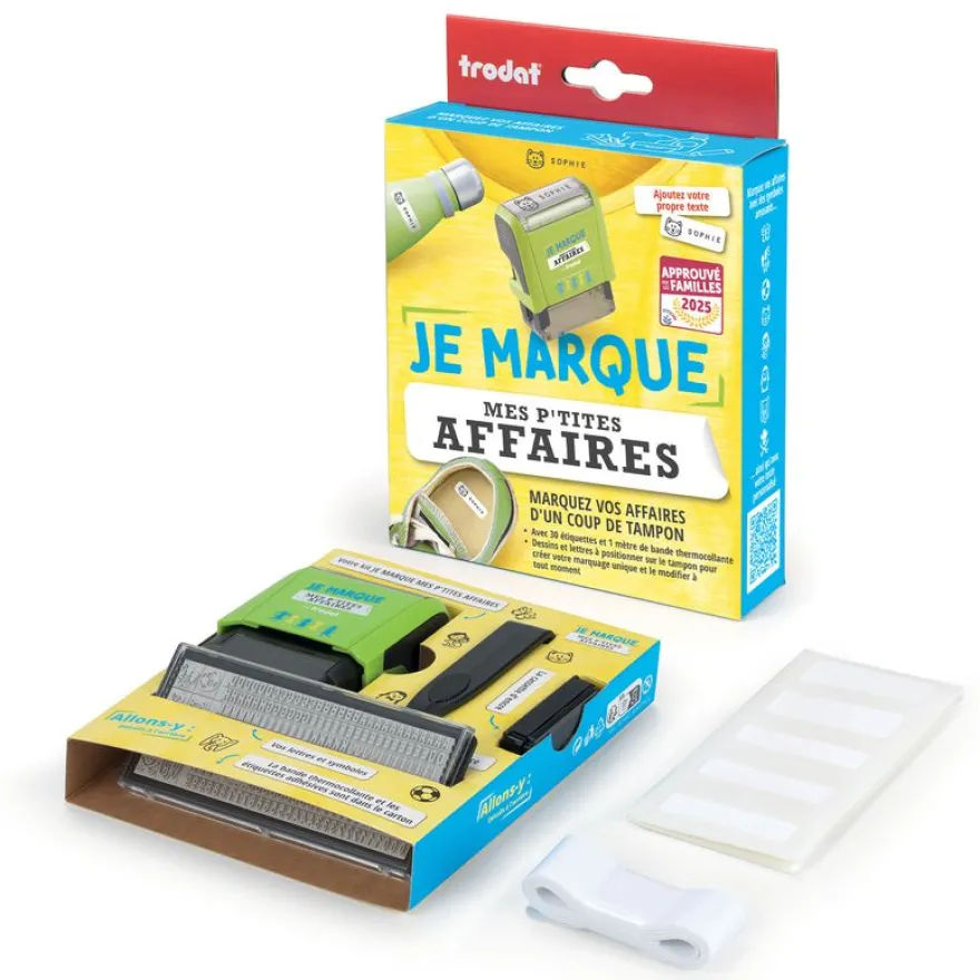 Trodat – Tampon pour marquer les affaires des enfants + étiquettes adhésives et bande thermocollante (à composer soi-même)