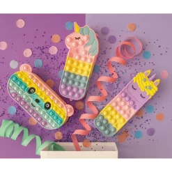 Trousse Pop‑It licorne rose multicolore avec bulles antistress et surface lavable douce