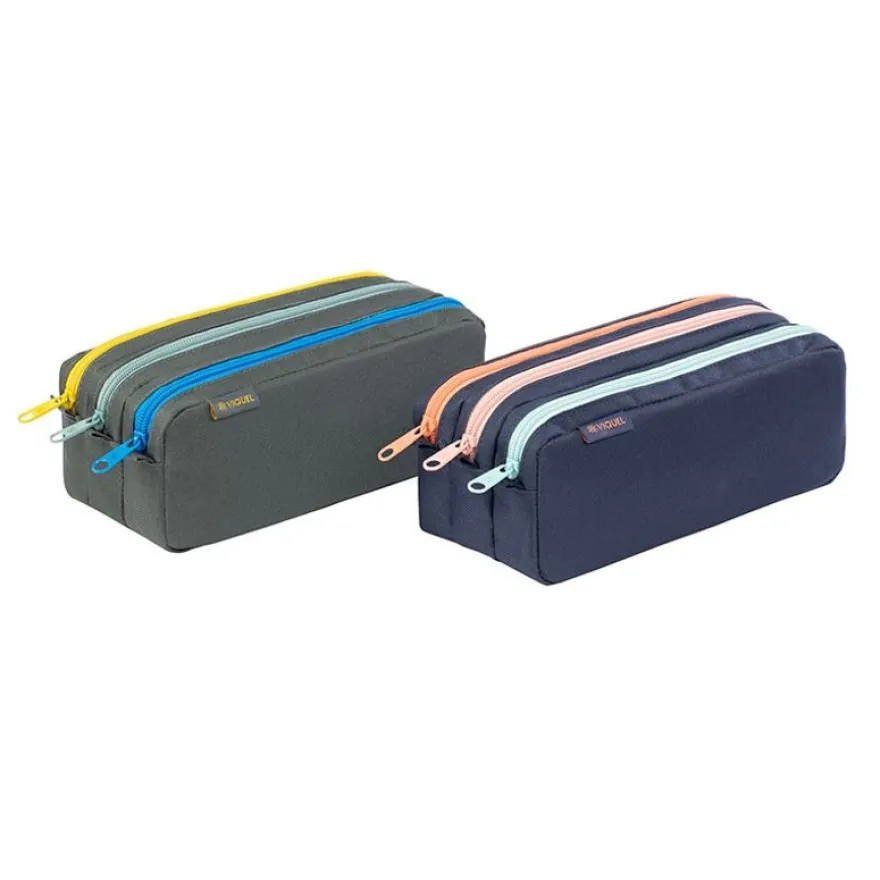 Trousse Trizip - 3 compartiments - 2 modèles : bleu marine ou gris - Viquel
