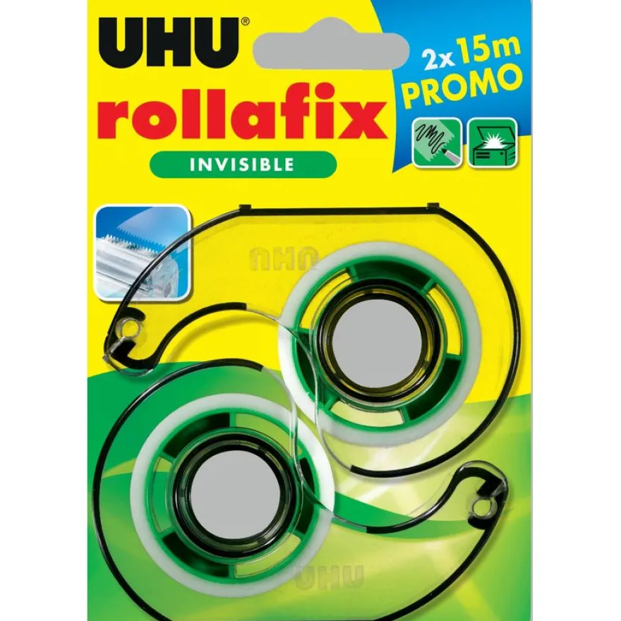 UHU rollafix - 2 Dévidoirs avec ruban de bureau invisible 15m