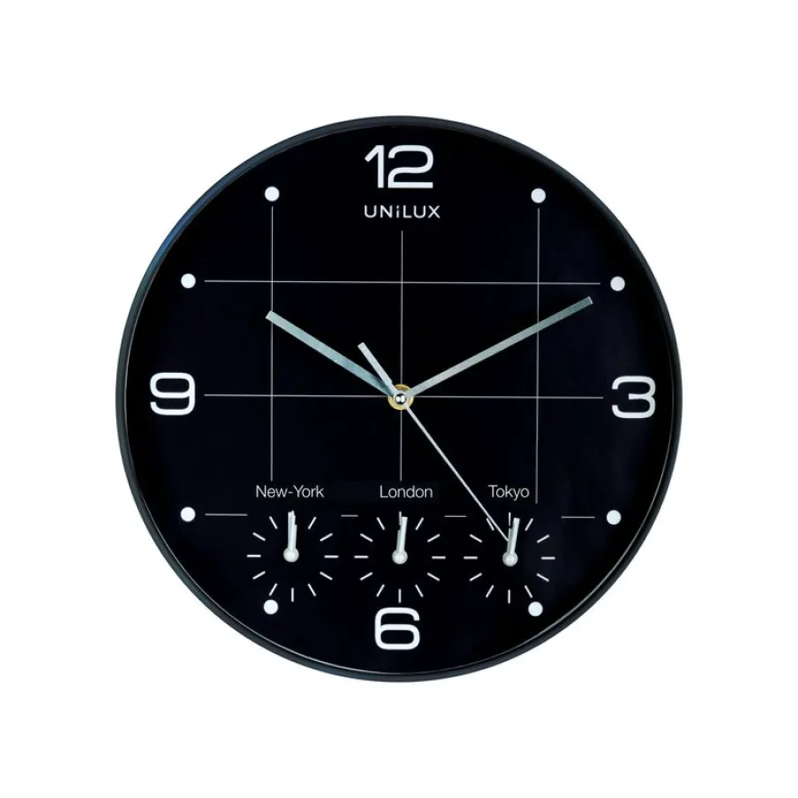 Unilux - Horloge On Time - mécanisme quartz - 4 fuseaux horaires - 30,5 cm - noir