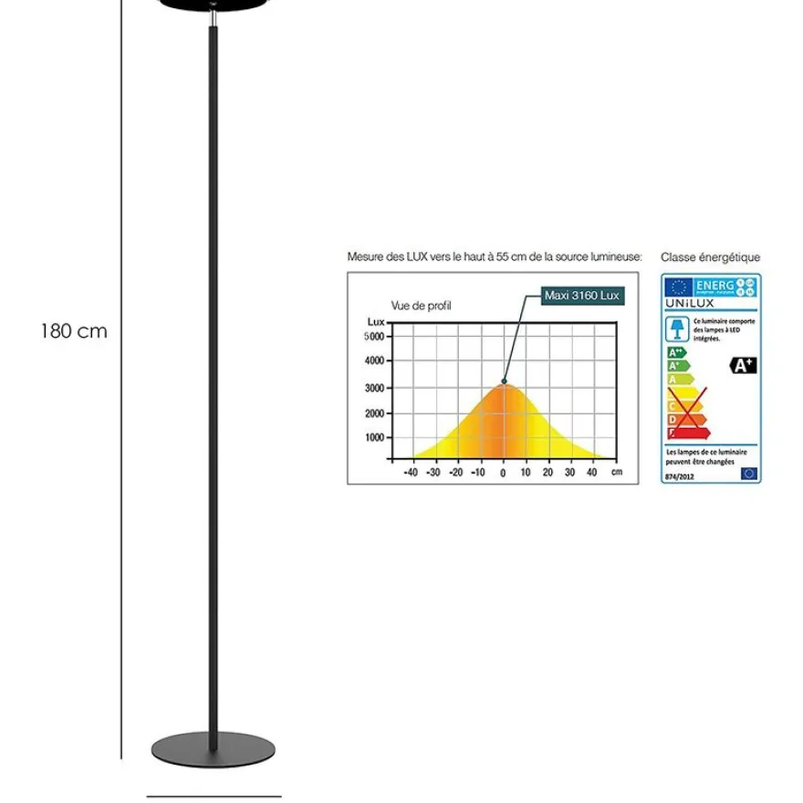Unilux - Lampadaire Leddy - LED éclairage indirect - 180 cm - noir