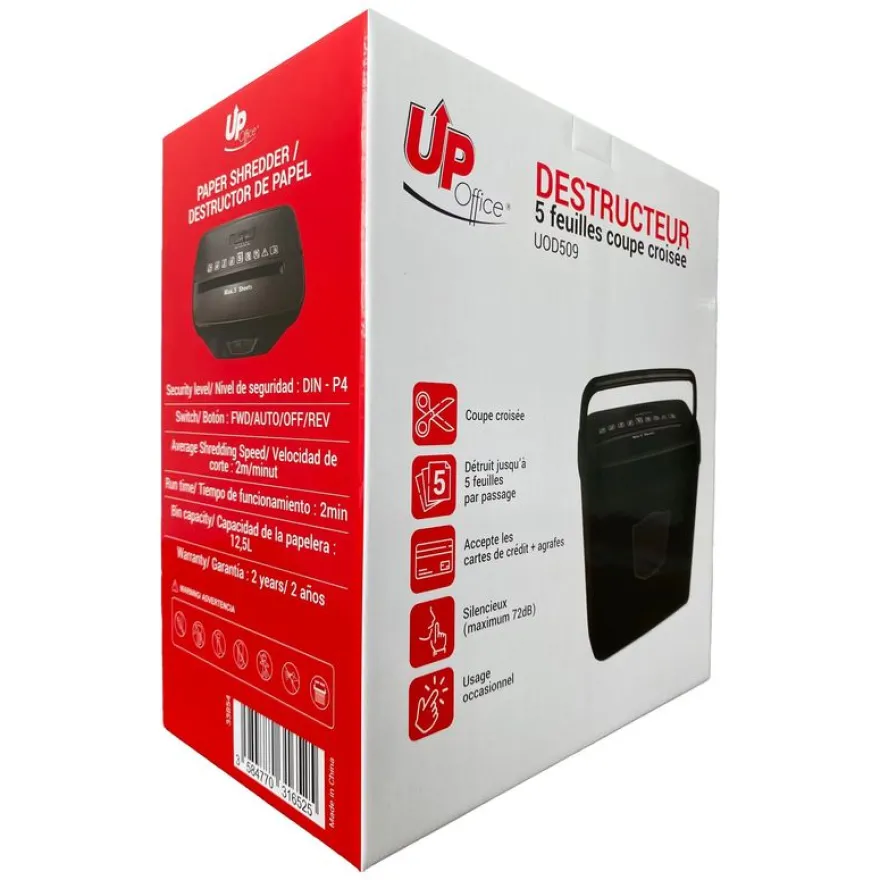Up office UOD-509 - destructeur de documents coupe croisée - 5 feuilles - Corbeille 12,5 litres