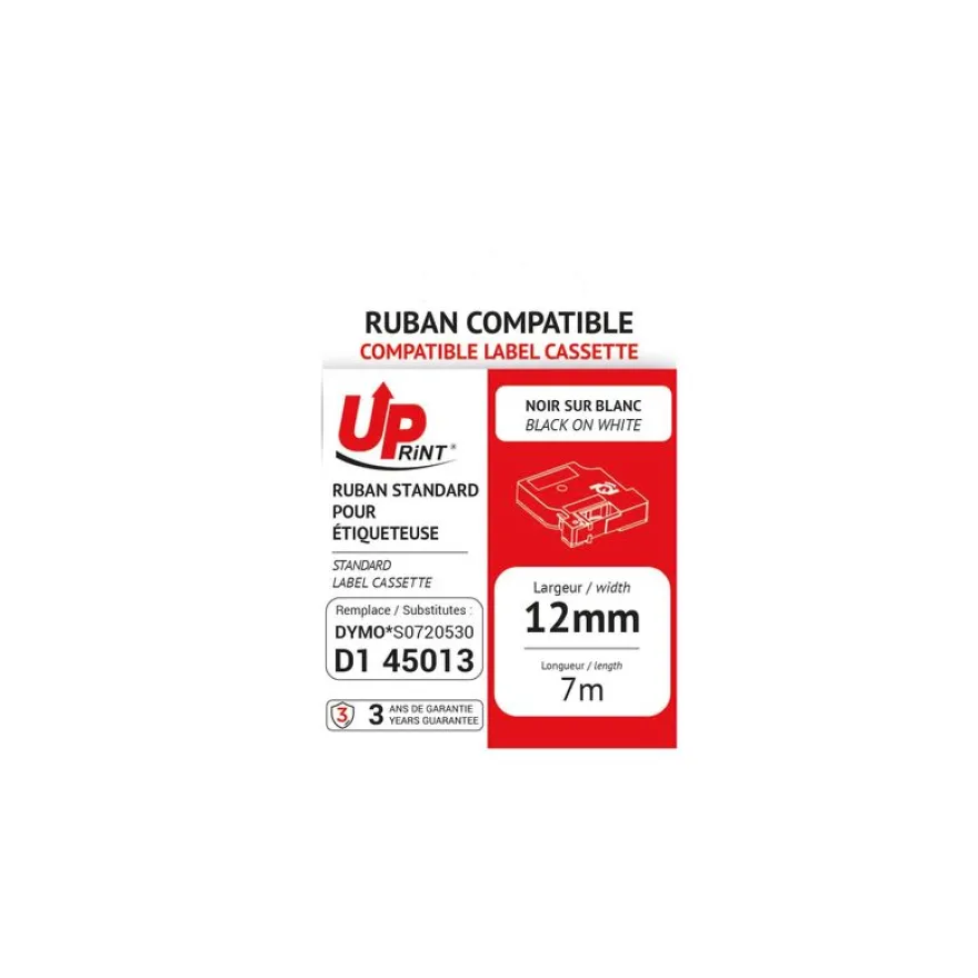 UPrint - Ruban d'étiquettes auto-adhésives pour DYMO 45013 - 1 rouleau (12 mm x 7 m) - fond blanc écriture noire