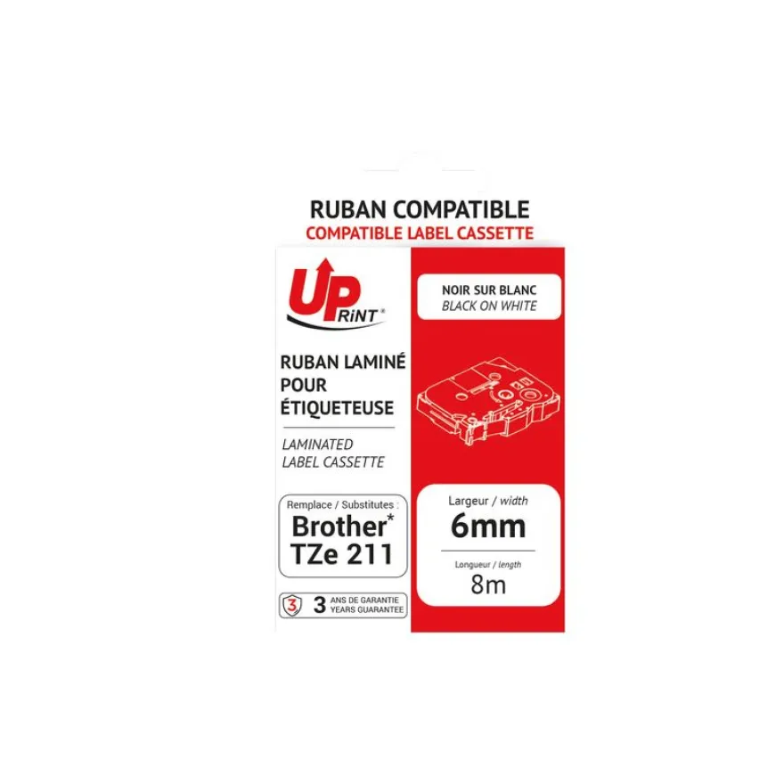 UPrint - Ruban d'étiquettes auto-adhésives pour Brother TZe211 - 1 rouleau (6 mm x 8 m) - fond blanc écriture noire