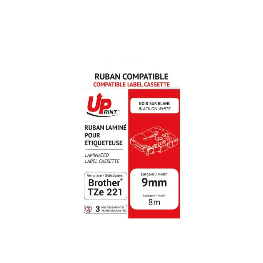 UPrint - Ruban d'étiquettes auto-adhésives pour Brother TZe131 - 1 rouleau (12 mm x 8 m) - fond transparent écriture noire