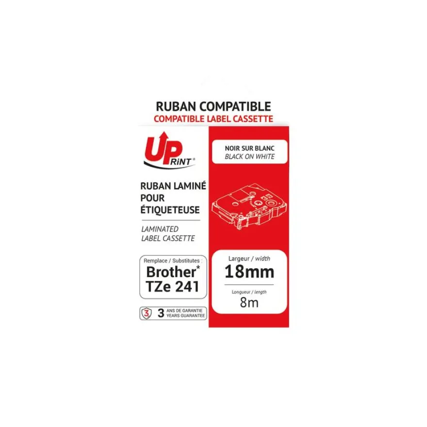 UPrint - Ruban d'étiquettes auto-adhésives pour Brother TZe131 - 1 rouleau (12 mm x 8 m) - fond transparent écriture noire