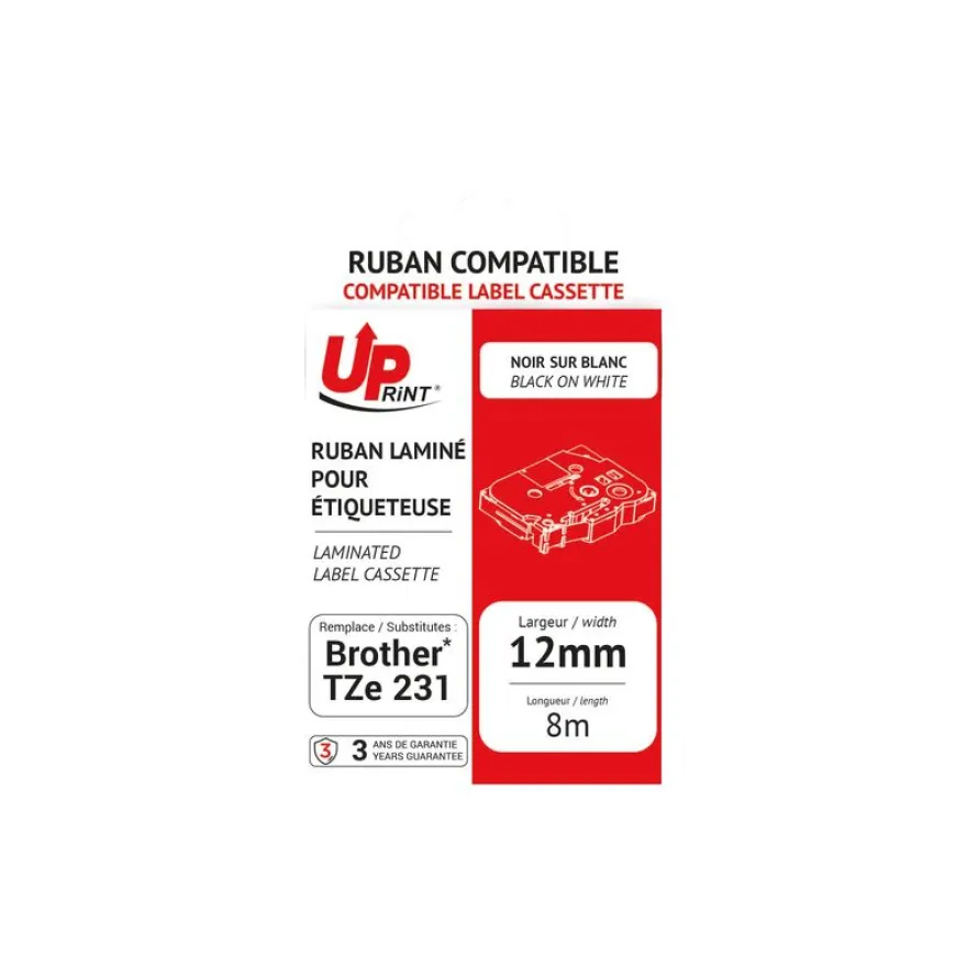 UPrint - Ruban d'étiquettes auto-adhésives pour Brother TZe131 - 1 rouleau (12 mm x 8 m) - fond transparent écriture noire