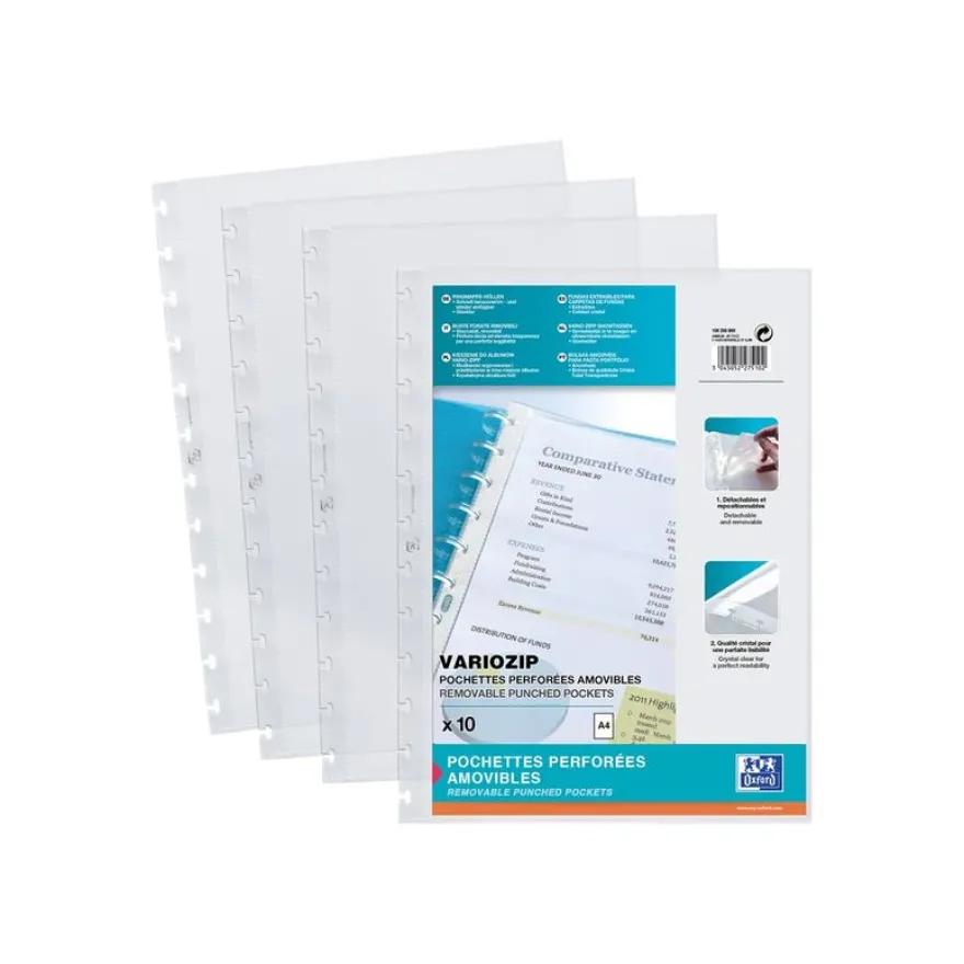 Variozip - 10 Pochettes perforées détachables et repositionnables - A4 - lisse - 7/100