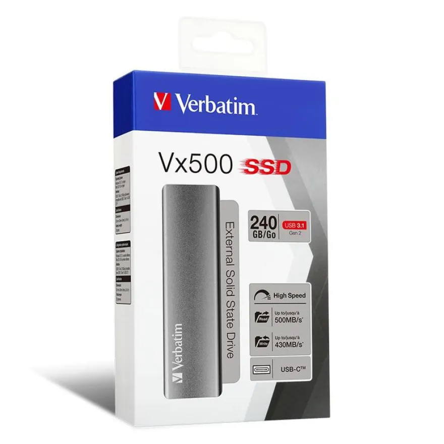 Verbatim Vx500 - Disque dur externe SSD - 240 Go - USB 3.1 Gen 2 (USB-C connecteur) - gris sidéral