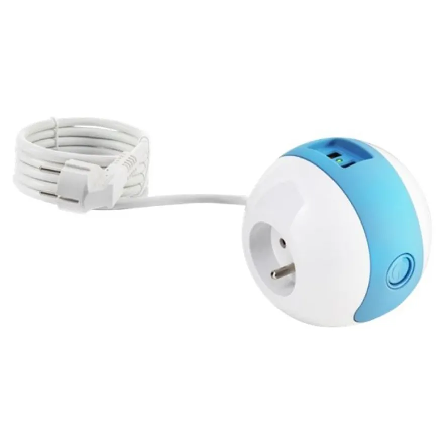 WATT & CO WATTBALL - Multiprise 3 prises - 2 prises 16A + 1 prise 6A + 2 USB - blanc/bleu
