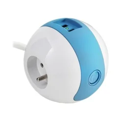 WATT & CO WATTBALL - Multiprise 3 prises - 2 prises 16A + 1 prise 6A + 2 USB - blanc/bleu