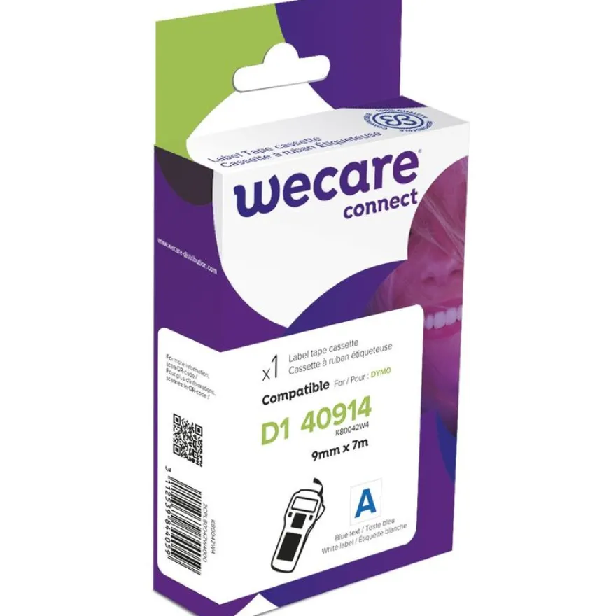 WECARE - Ruban d'étiquettes auto-adhésives pour DYMO - D1 40914 - 1 rouleau (9 mm x 7 m) - fond blanc écriture bleue