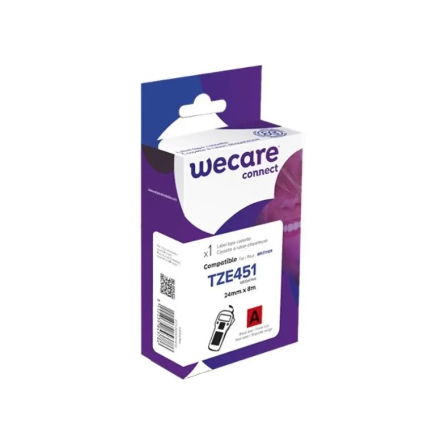 WECARE - Ruban d'étiquettes auto-adhésives pour Brother TZE451 - 1 rouleau (24 mm x 8 m) - fond rouge écriture noire