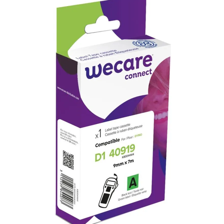 WECARE - Ruban d'étiquettes auto-adhésives pour DYMO - D1 40919 - 1 rouleau (9 mm x 7 m) - fond vert écriture noire