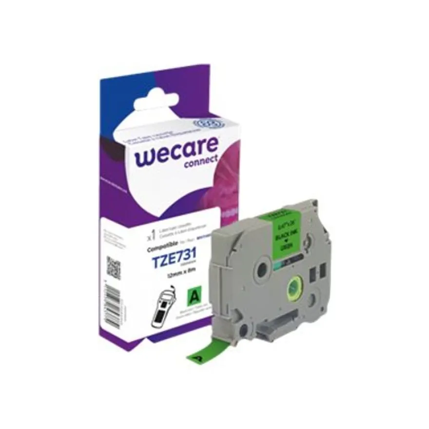 Wecare ruban d'étiquette compatible Brother TZE731 - 1 rouleau (1,2 cm x 8 m) - fond vert écriture noire