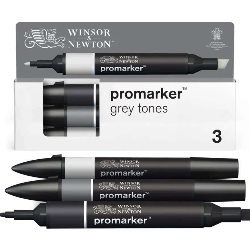 WINSOR & NEWTON - ProMarker tons gris - marqueur double pointe - noir gris clair 4 gris clair 1 - encre à base de colorant d'alcool - large / petit