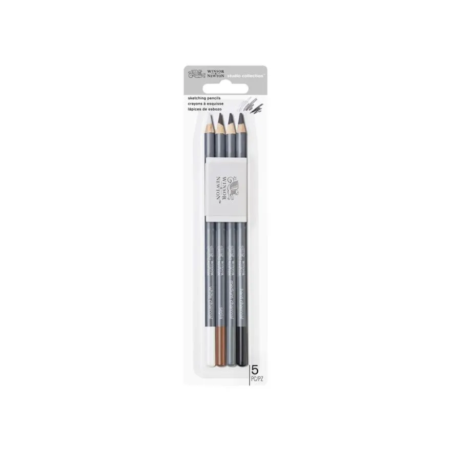 Winsor & Newton Studio Collection - Pack de 4 crayons esquisse + gomme - sépia, charbon blanc, charbon medium, charbon dur